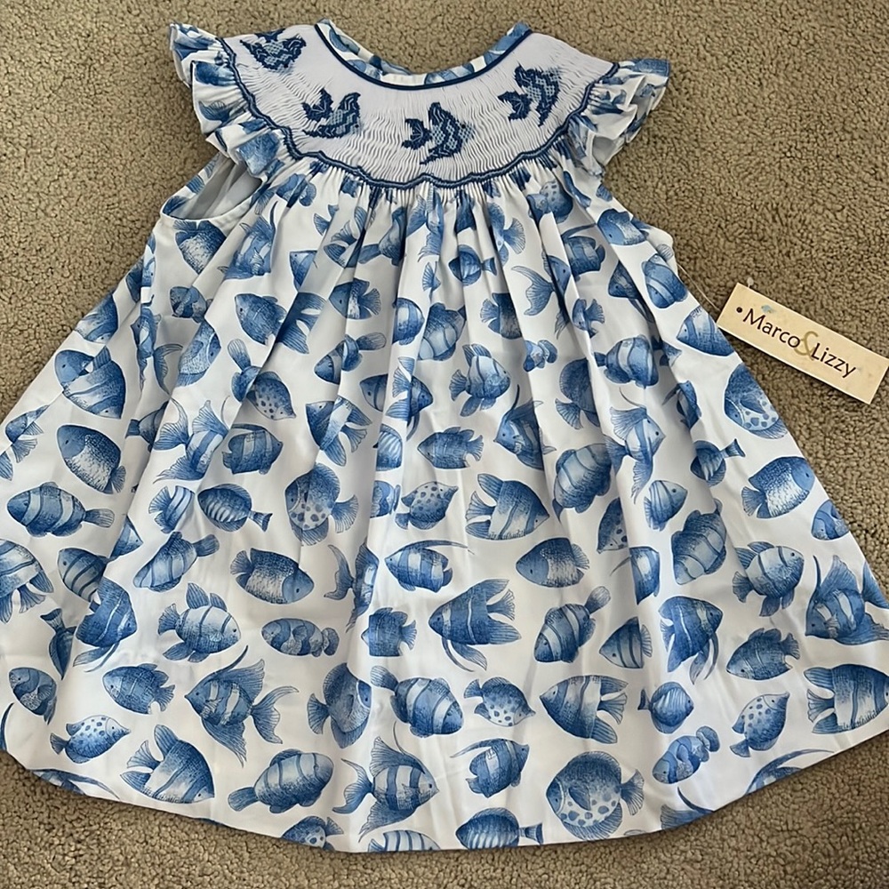 Blue and white fish dress 12 months